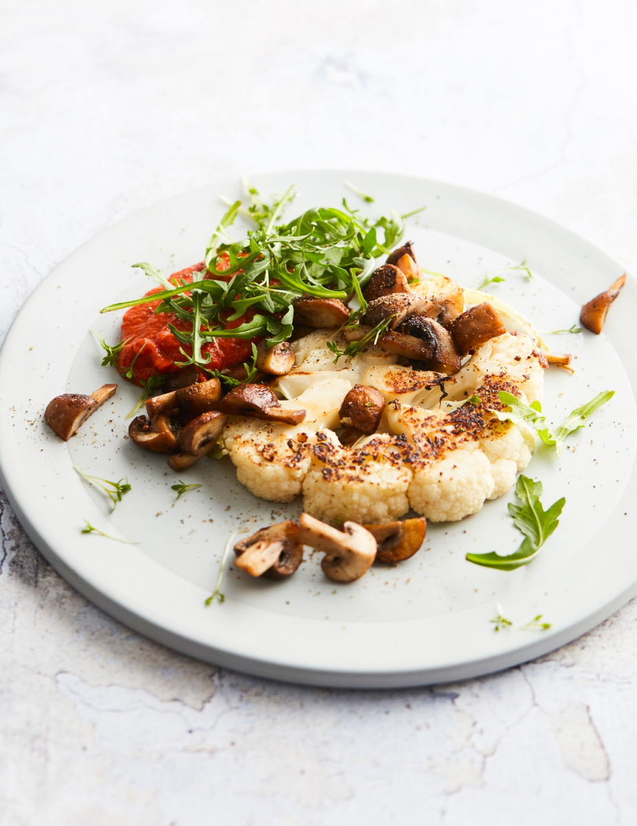 Smoky cauliflower steaks with baked mushrooms (Vegan Keto, Low Carb, Paleo)